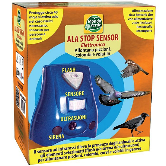 Електронен уред ALA STOP SENSOR за прогонване на птици (ГЪЛЪБИ, ВРАНИ) за 40 кв. м. (със сензор за движение, ултразвук, звукова аларма и светкавица)